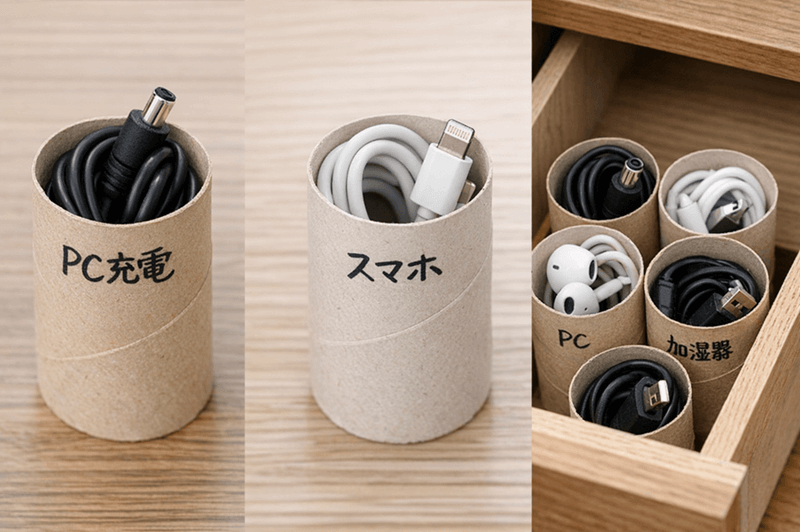トイレットペーパーの芯を使ってコードを収納した画