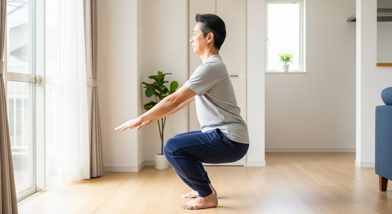 スクワットをする50代男性の横向き写真